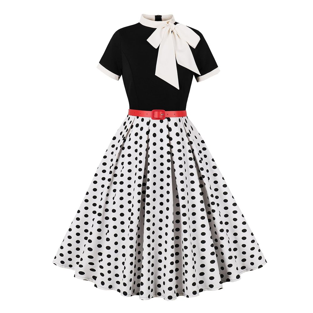 IDOPIP Women Elegant Tie Neck Polka Dot Vintage Dress 1950s Retro Cocktail Prom Swing Dress Formal Tea Party Pinup Dress Rockabilly Outfit Casual Wedding Guest Midi Dress with Belt White-Polka Dot XL