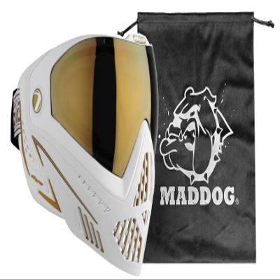Maddog Dye i5 Thermal Dual-Pane Anti-Fog Lens Paintball Airsoft Mask Goggle System Combo with Microfiber Storage Bag | High Performance Safety Certified Protection - White/Gold