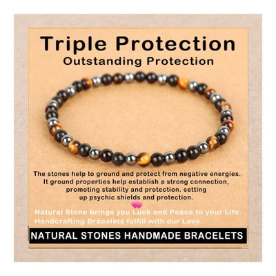 AD Beads Handmade Gemstone Stretch Elastic Bracelet Crystal Healing Reiki Nature's Beauty and Spiritual Essence Unisex (4mm, Triple Protection (Strong Protect))