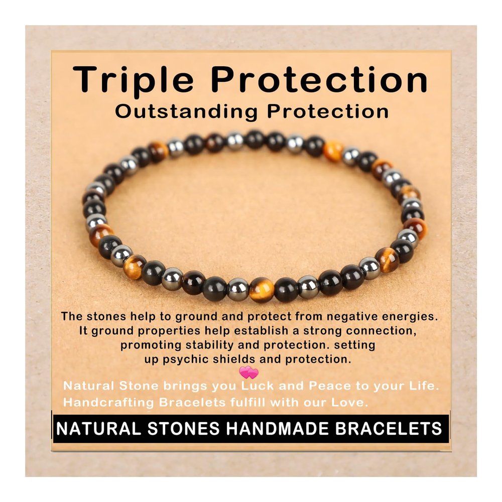AD Beads Handmade Gemstone Stretch Elastic Bracelet Crystal Healing Reiki Nature's Beauty and Spiritual Essence Unisex (4mm, Triple Protection (Strong Protect))
