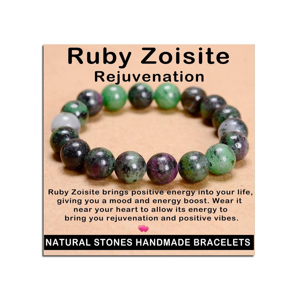 AD Beads Handmade Gemstone Stretch Elastic Bracelet Crystal Healing Reiki Nature's Beauty and Spiritual Essence Unisex (12mm, Ruby Zoisite (Rejuvenation))