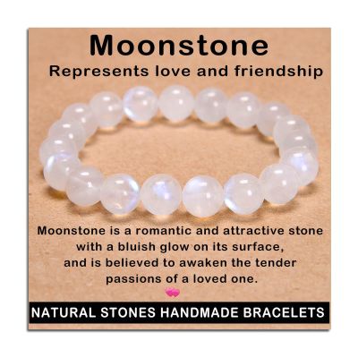 AD Beads Handmade Gemstone Stretch Elastic Bracelet Crystal Healing Reiki Nature's Beauty and Spiritual Essence Unisex (10mm, Moonstone (Love and Friendship))