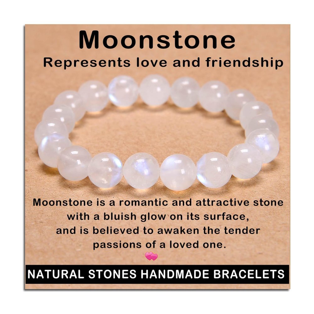 AD Beads Handmade Gemstone Stretch Elastic Bracelet Crystal Healing Reiki Nature's Beauty and Spiritual Essence Unisex (10mm, Moonstone (Love and Friendship))
