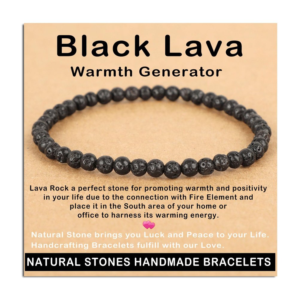 AD Beads Handmade Gemstone Stretch Elastic Bracelet Crystal Healing Reiki Nature's Beauty and Spiritual Essence Unisex (4mm, Black Lava (Warmth Generator))