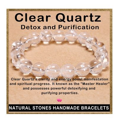 AD Beads Handmade Gemstone Stretch Elastic Bracelet Crystal Healing Reiki Nature's Beauty and Spiritual Essence Unisex (12mm, Clear Quartz (Detox and Purification))