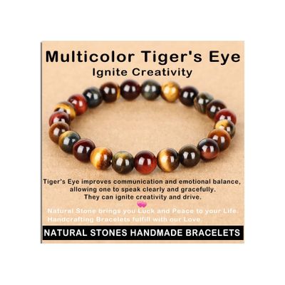 AD Beads Handmade Gemstone Stretch Elastic Bracelet Crystal Healing Reiki Nature's Beauty and Spiritual Essence Unisex (8mm, Multicolor Tiger's Eye (Ignite Creativity))