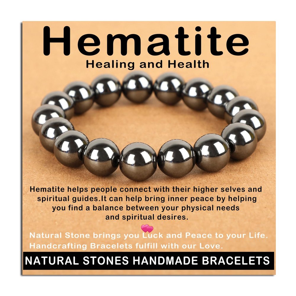 AD Beads Handmade Gemstone Stretch Elastic Bracelet Crystal Healing Reiki Nature's Beauty and Spiritual Essence Unisex (12mm, Hematite (Healing and Health))