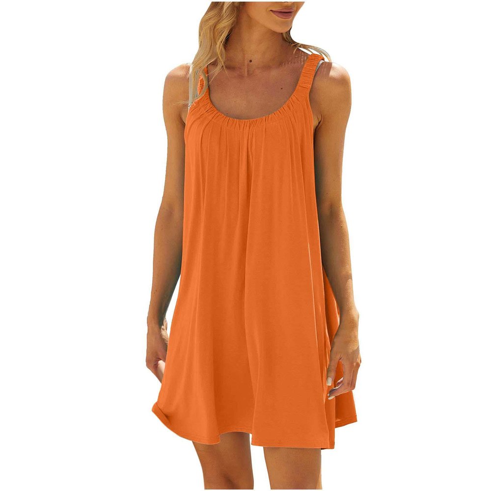 NineFit Basics Early Cyber of Monday Summer Dresses for Women 2024 Sleeveless Trendy Scoop Neck Cute Mini Dress Casual Loose Pleated A Line Cami Sundress, Small, A02#orange
