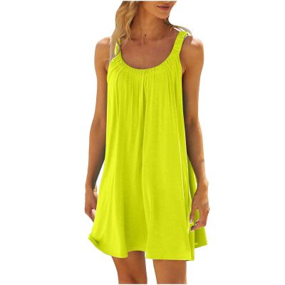 NineFit Basics Early Access Deals Summer Dresses for Women 2024 Sleeveless Trendy Scoop Neck Cute Mini Dress Casual Loose Pleated A Line Cami Sundress, X-Large, A02#yellow