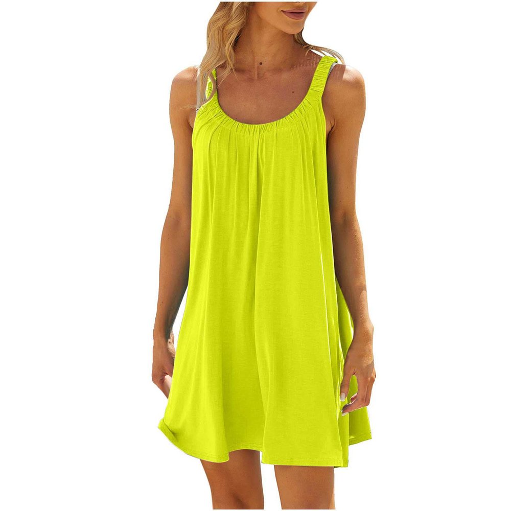 NineFit Basics Early Access Deals Summer Dresses for Women 2024 Sleeveless Trendy Scoop Neck Cute Mini Dress Casual Loose Pleated A Line Cami Sundress, X-Large, A02#yellow