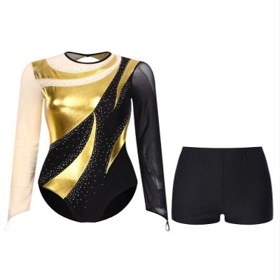 easyforever Gymnastics Bodysuit for Womwen Metallic Contrast Color Long Sleeve Leotard with Shorts Gold X-Large