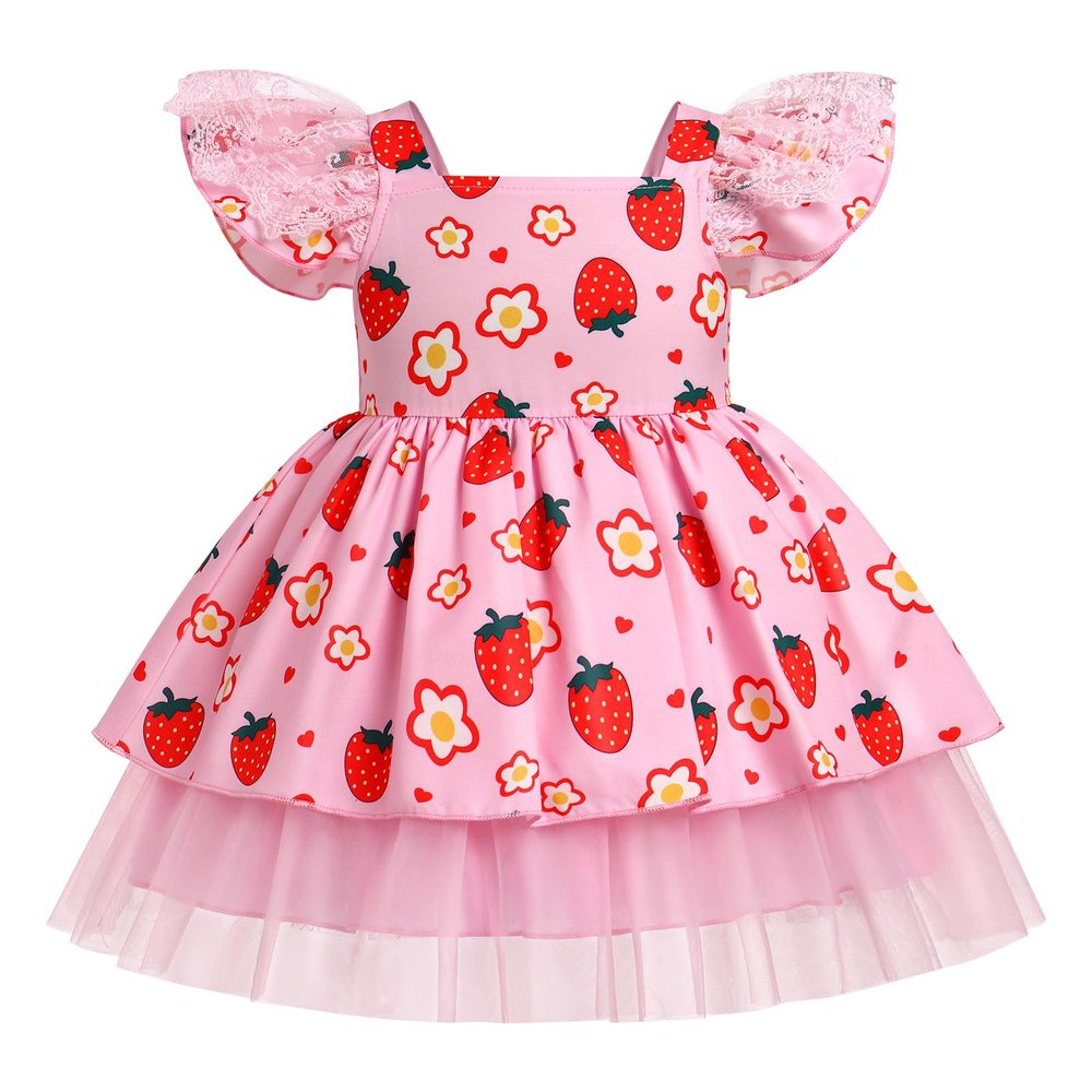 FYMNSI Toddler Girls Strawberry Birthday Dress Flutter Sleeve Lace Ruffle Tulle Tutu Kids Flower Girl Dress Baby Princess 1st 2nd Birthday Outfit Wedding Tea Party Dresses Pageant Ball Gown 9-12M