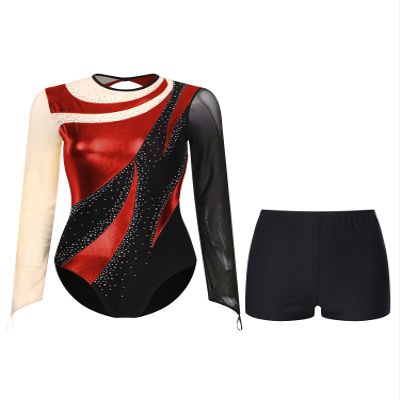 FEESHOW Women Metallic Gymnastic Leotard with Shorts Ballet Dance Bodysuit Ballerina Dancewear Red Medium