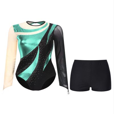 FEESHOW Women Metallic Gymnastic Leotard with Shorts Ballet Dance Bodysuit Ballerina Dancewear Bluegreen X-Large