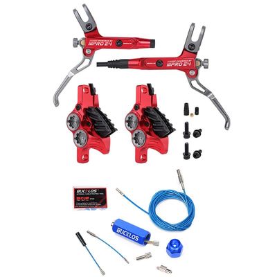BUCKLOS IIIPRO MTB 4 Pistons Mountain Bike Hydraulic Disc Brake Set Red Front 800mm and Bike Internal Cable Routing Tool Kit Compatible with 4-5.5mm Cable Housing