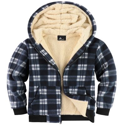 Dekomere Boys Zip Up Hoodies Fleece Plaid Jacket Kids Hooded Sweatshirts Sherpa Lined Coat Navy