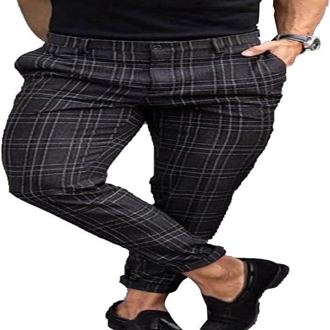Men's Stretch Skinny Dress Pants Slim Fit Business Casual Plaid Chino Pants Fashion Stretch Flat Front Trousers (Black,Small)