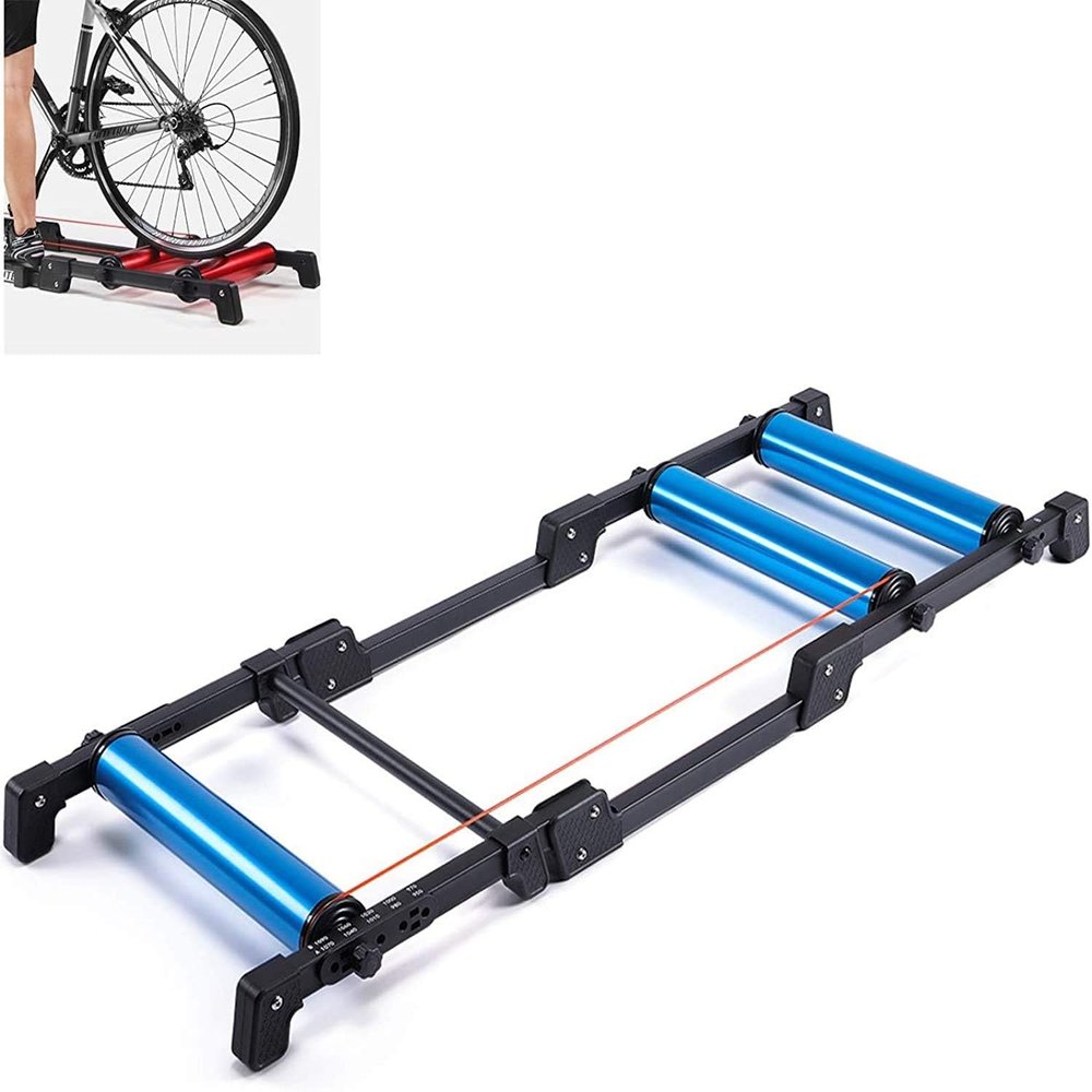 CFDZCP Bike Stand for Indoor Riding Aluminium Alloy Roller Bicycle TrainerFoldable Indoor Cycling Bicycle Roller TrainerFits for 24in-29in, 700C WheelsIndoor Silent Cycling Platform(Blue)