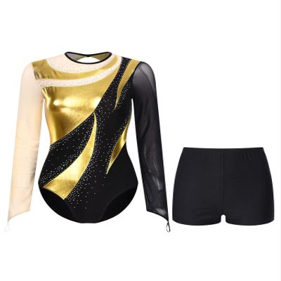 FEESHOW Women Metallic Gymnastic Leotard with Shorts Ballet Dance Bodysuit Ballerina Dancewear Gold Medium