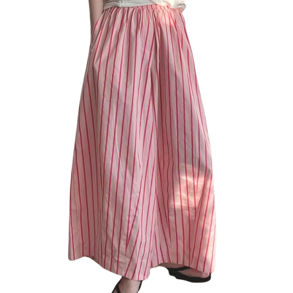 CHARTOU Women's Summer Striped Long Skirt Elastic High Waist Flowy Ruffle Hem A Line Maxi Dress with Pockets (Small,Pink)