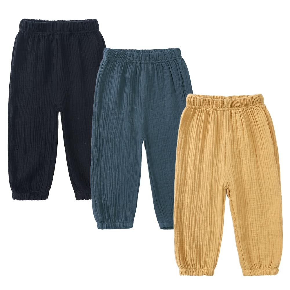 ZFTTZYMX 3-Pack Boys Linen Pants, Kids Joggers Baby Girls Cotton Linen Harem Bottoms Toddler Solid Casual Trousers 12M - 8T