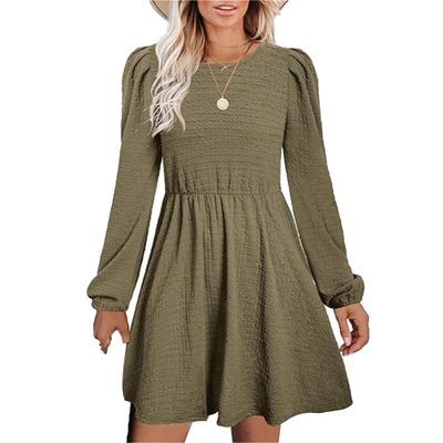 NineFit Basics Womens Spring Round Neck Dress Ruffle Elegant Empire Waist Mini Swing Dresses Casual Long Sleeve Smocked Beach Dress (Large,Green)