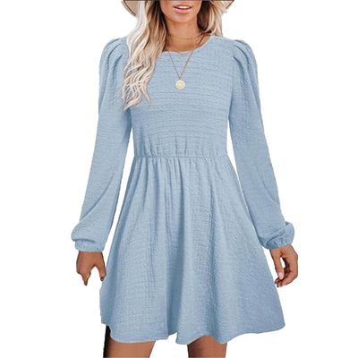 Womens Spring Round Neck Dress Ruffle Elegant Empire Waist Mini Swing Dresses Casual Long Sleeve Smocked Beach Dress (Large,Light Blue)