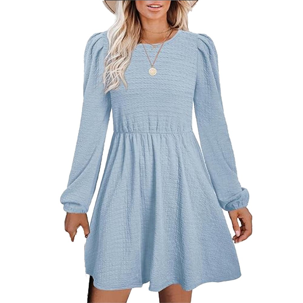 Womens Spring Round Neck Dress Ruffle Elegant Empire Waist Mini Swing Dresses Casual Long Sleeve Smocked Beach Dress (Large,Light Blue)