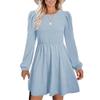 Womens Spring Round Neck Dress Ruffle Elegant Empire Waist Mini Swing Dresses Casual Long Sleeve Smocked Beach Dress (Large,Light Blue) view 1