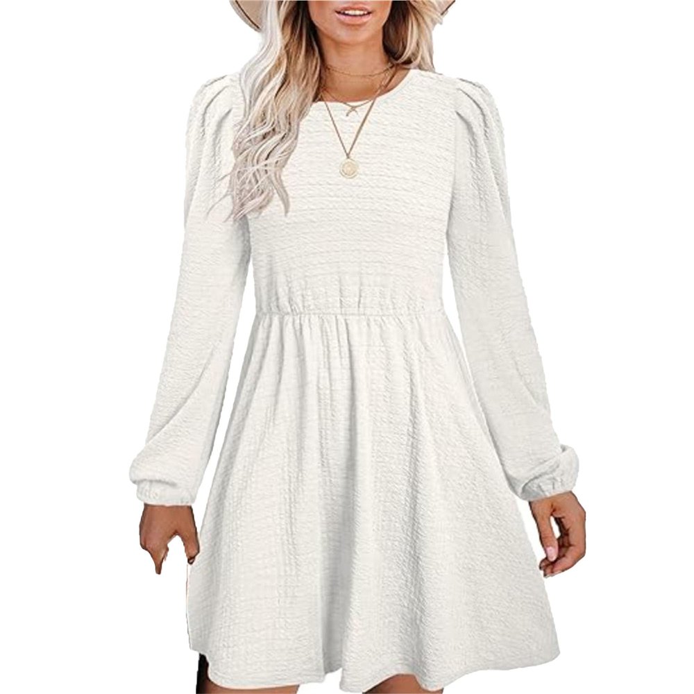 NineFit Basics Womens Spring Round Neck Dress Ruffle Elegant Empire Waist Mini Swing Dresses Casual Long Sleeve Smocked Beach Dress (XX-Large,White)