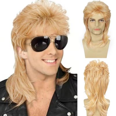 Daiaces Blond Mullet Wig for Men 70s 80s Disco Wig Shoulder Length Layered Heat Resistant Synthetic Hair Cosplay Daily Party Halloween