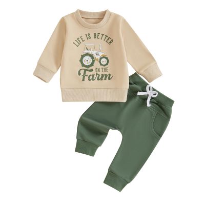 Frietlebird Toddler Boy Fall Winter Clothes Crewneck Sweatshirt Long Sleeve Letter Print Shirt with Pants Toddler Outfits for Boys (B-Khaki,2-3T)