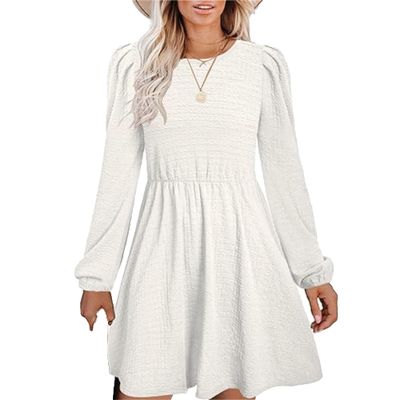 Womens Spring Round Neck Dress Ruffle Elegant Empire Waist Mini Swing Dresses Casual Long Sleeve Smocked Beach Dress (Medium,White)