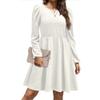 Womens Spring Round Neck Dress Ruffle Elegant Empire Waist Mini Swing Dresses Casual Long Sleeve Smocked Beach Dress (Medium,White) view 2