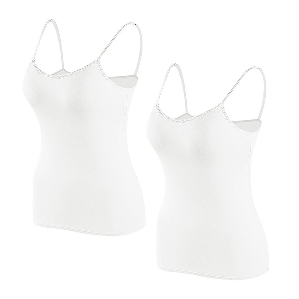 2 Pack Women's Camisole with Built in Bra Summer Casual Spaghetti Strap Tank Tops Sleeveless Padded Workout Tops White