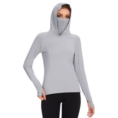 BASSDASH Womens UPF 50+ Sun Protection Hoodie with Face Mask Neck Gaiter Breathable Long Sleeve Shirt for Hiking Fishing Light Grey