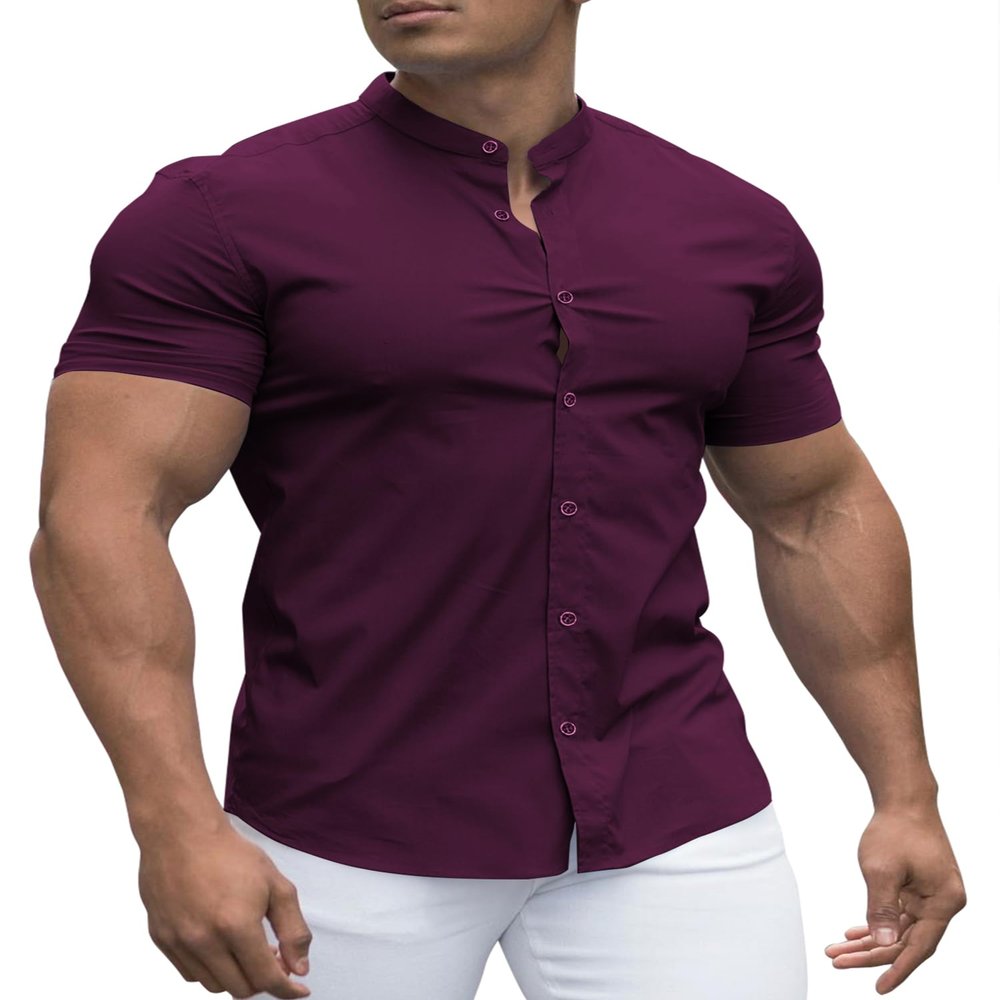 URRU Men's Muscle Dress Shirts Slim Fit Stretch Banded Collar Short Sleeve Casual Button Down Shirts, Purple, Large