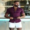 URRU Men's Muscle Dress Shirts Slim Fit Stretch Banded Collar Short Sleeve Casual Button Down Shirts, Purple, Large view 3