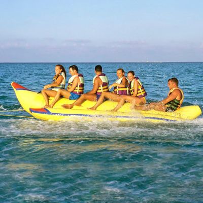 Hlixzoy Floating Towable Banana Boat, 3/8 Sea Pleasure Boat with Net Pool Water Park, Inflatable Kayak, Water Skiing and Surfing,4 People