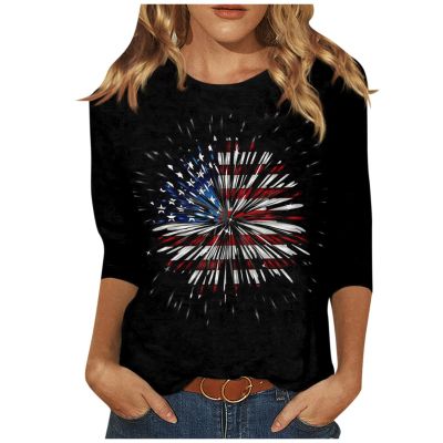 3/4 Sleeve Dressy Tops for Women 2025 Summer Fashion Tops Casual Floral Printed Tunic Blouse Plus Size Three Quarter Sleeve Women's Shirts Oversized Graphic tees Black Tshirt S
