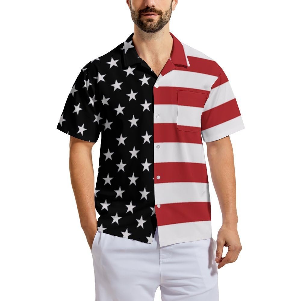 Bornore Shirts for Men American Flag Hawaiian Short Sleeves Printed Casual Button Up Shirts Retro Costumes(Flag1-L)