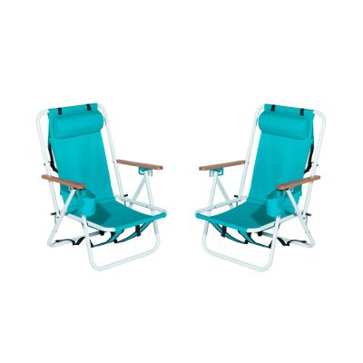 PRODC Folding Beach Chair Set of 2 for Adults, 4 Position Portable Backpack Foldable Camping Chair with Headrest Cup Holder and Wooden Armrests, Green