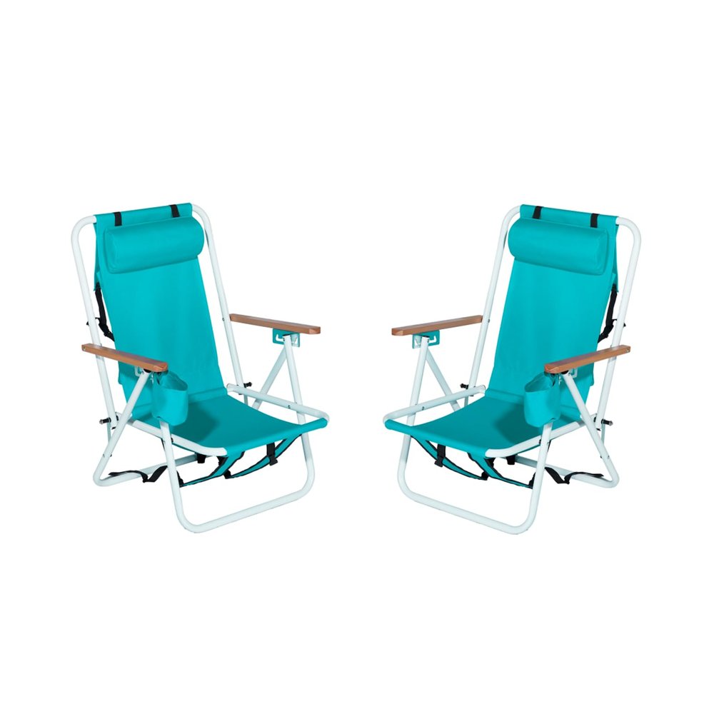 PRODC Folding Beach Chair Set of 2 for Adults, 4 Position Portable Backpack Foldable Camping Chair with Headrest Cup Holder and Wooden Armrests, Green