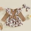 Ysfanwuxi Baby Girl Clothes Fall Cute Skirt Outfits Long Sleeve Romper Floral Overall Skirt Dress Bow 3PCS Outfit (Khaki, 3-6 Months) view 3