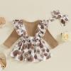 Ysfanwuxi Baby Girl Clothes Fall Cute Skirt Outfits Long Sleeve Romper Floral Overall Skirt Dress Bow 3PCS Outfit (Khaki, 3-6 Months) view 4