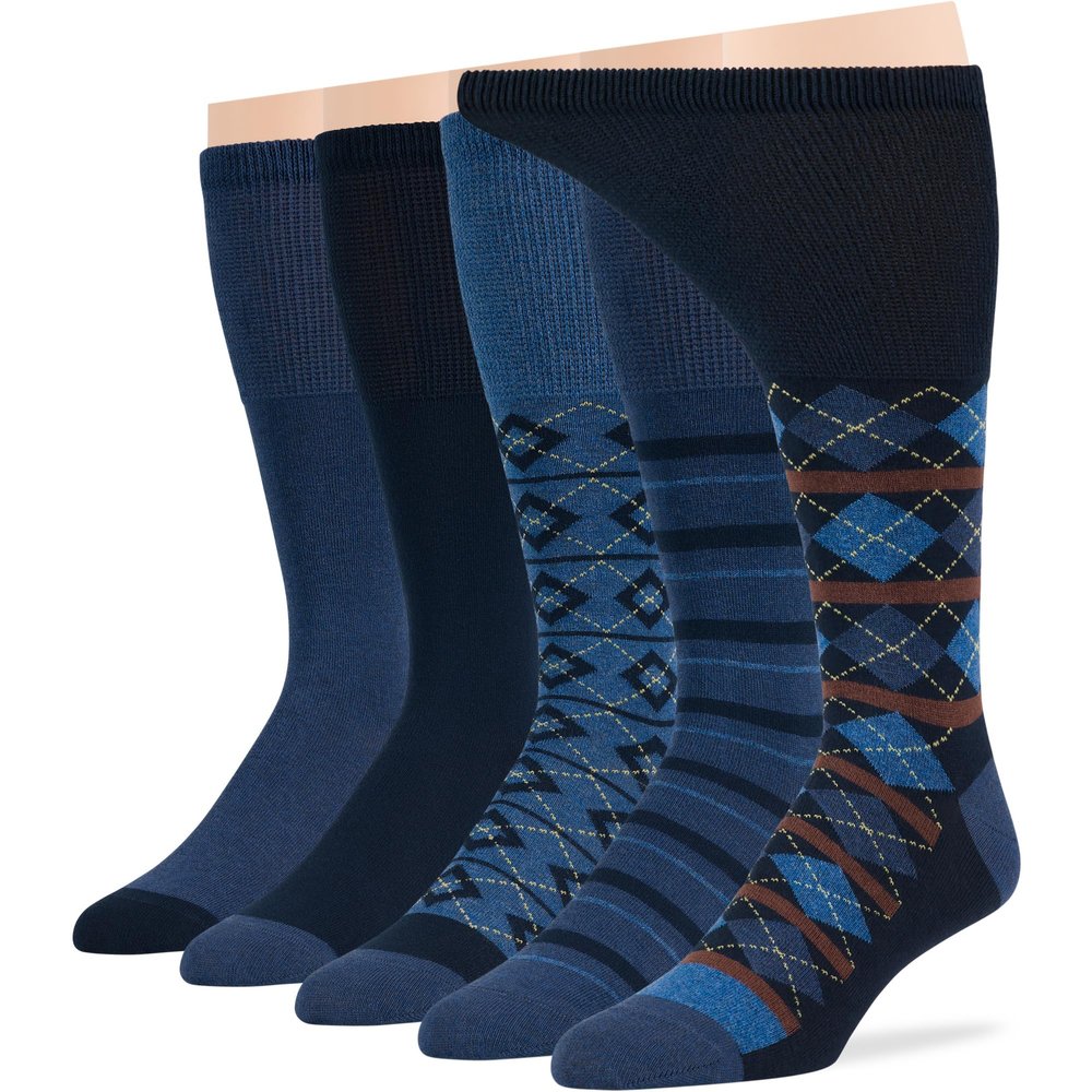 7BigStars Men Diabetic Loose Dress Business Cotton Mid Calf Socks - 5 Pack Big Tall - Geometric, Argyle, Stripe - Sock Size 13-15 Shoe Size 12-15 XL Dark Navy, Denim Blue