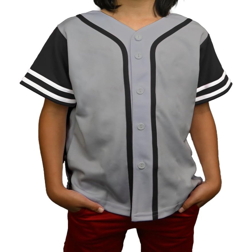 DIGITMON Kids Baseball Jersey Button Down Premium Sleeve Two-Striped T Shirts Uniform GREYBLACK for 16y Teenagers