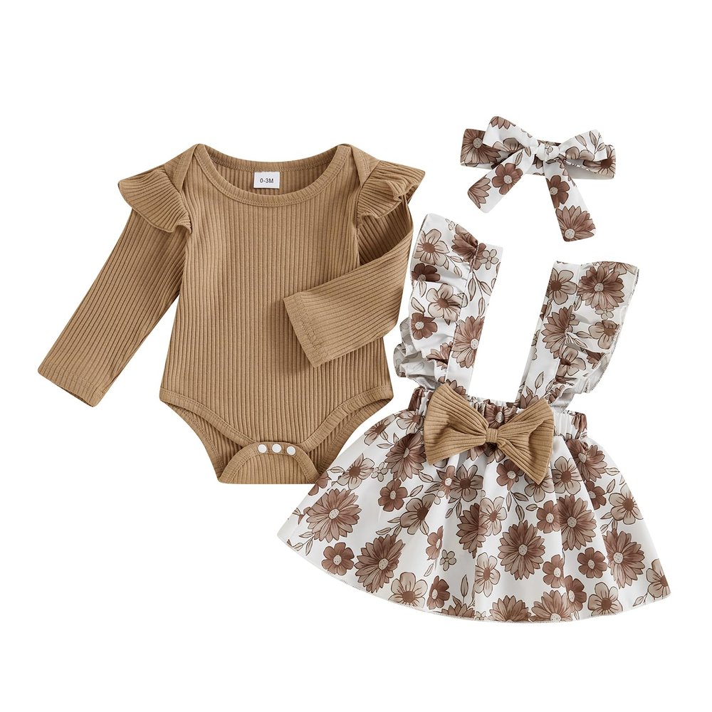 Ysfanwuxi Baby Girl Clothes Fall Cute Skirt Outfits Long Sleeve Romper Floral Overall Skirt Dress Bow 3PCS Outfit (Khaki, 0-3 Months)