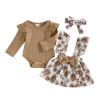 Ysfanwuxi Baby Girl Clothes Fall Cute Skirt Outfits Long Sleeve Romper Floral Overall Skirt Dress Bow 3PCS Outfit (Khaki, 0-3 Months) view 1