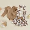 Ysfanwuxi Baby Girl Clothes Fall Cute Skirt Outfits Long Sleeve Romper Floral Overall Skirt Dress Bow 3PCS Outfit (Khaki, 0-3 Months) view 2